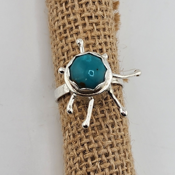 TURQUOISE ANXIETY RING HANDMADE IN STERLING SILVER METAL SIZE 9 - Picture 5 of 7